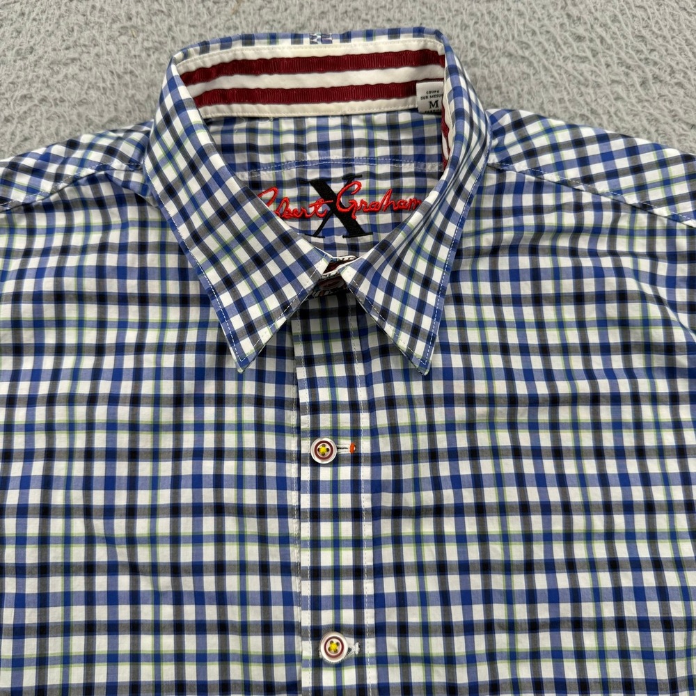 Robert Graham Button Down Shirt Mens M Blue Plaid Good Short Sleeve Contrast